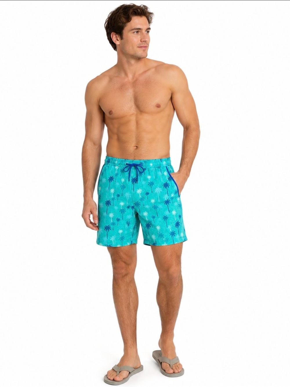 Men's Teal Palm-Print Swim Trunks